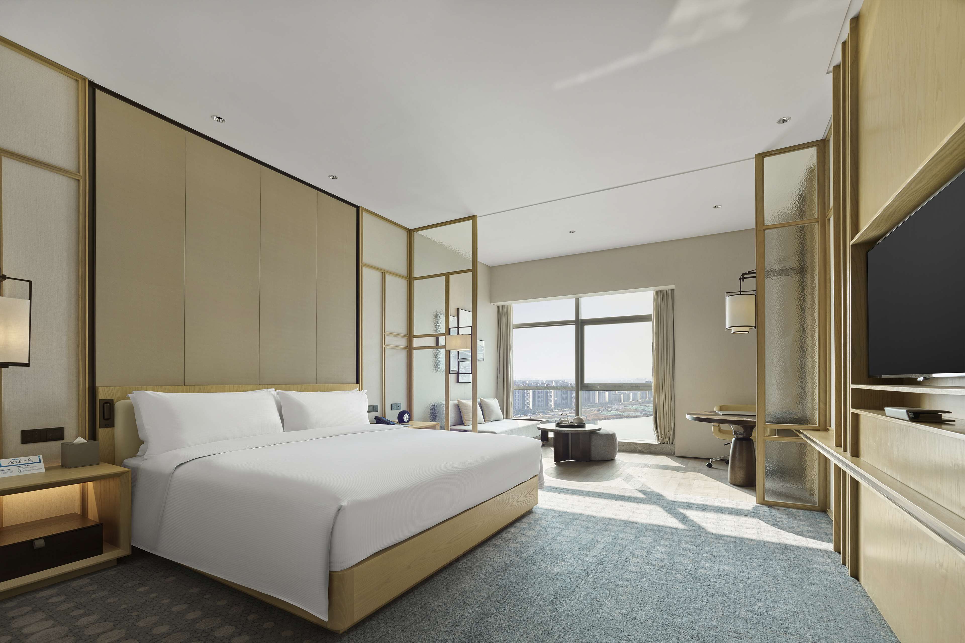 Una habitación de hotel moderna con una cama grande, televisión y vistas a la ciudad.