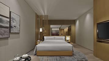 A modern hotel room with a large bed, a flat-screen TV, and a tray with teapots and cups.