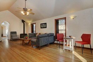 Smart TV, fireplace, foosball