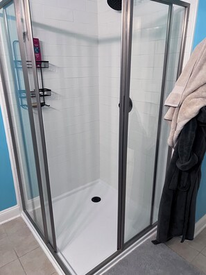 Combined shower/tub, hair dryer, soap, toilet paper