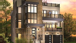 Een modern meerlaags huis met garage, grote ramen en een balkon.
