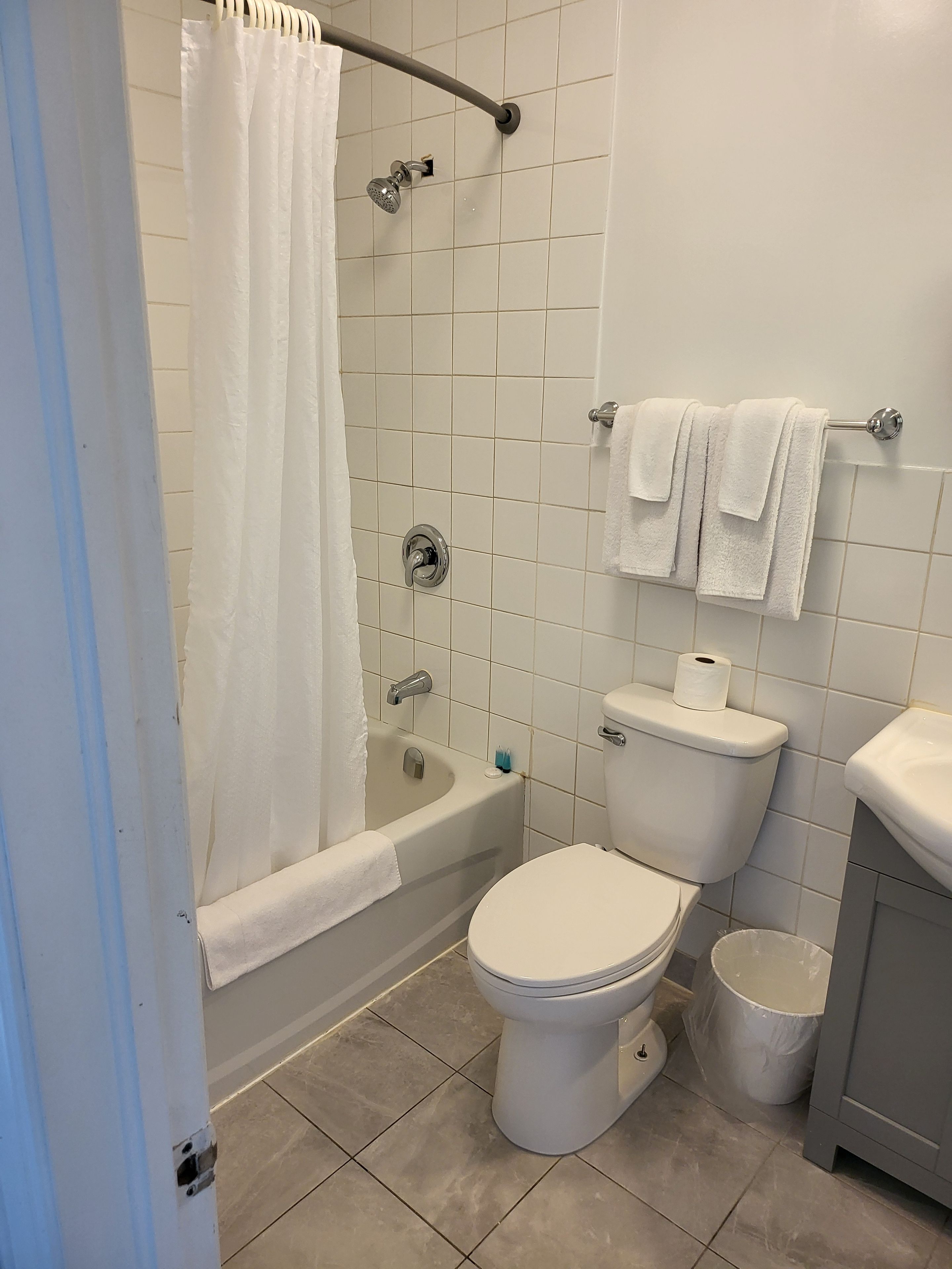 A bathroom with a bathtub, toilet, and a shower curtain.