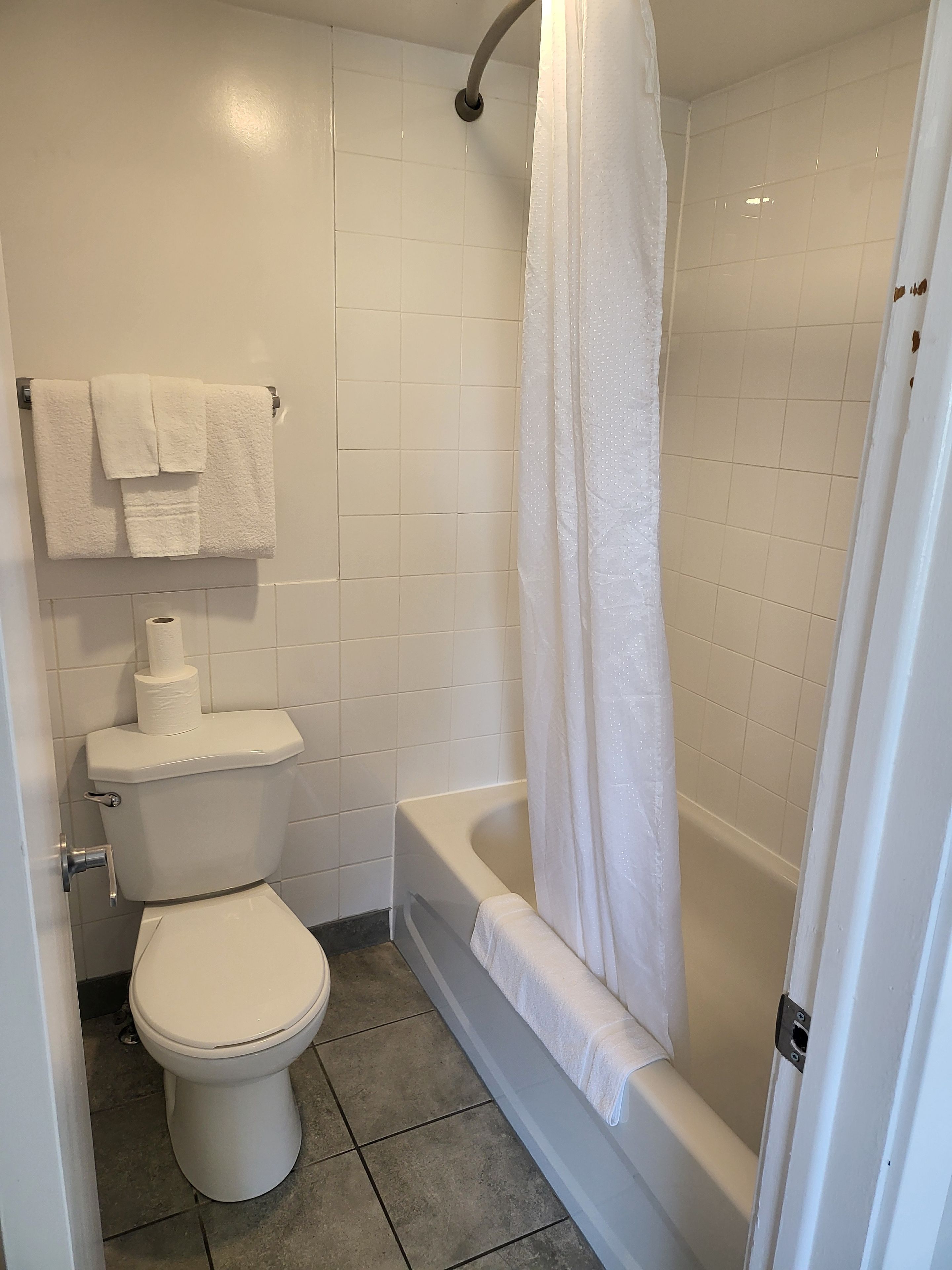 A bathroom with a toilet, a shower with a curtain, and a towel rack with towels.