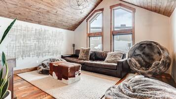 Smart TV, fireplace, books, stereo