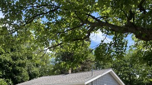 A single-story house with a front porch, a garage, and a small front yard.