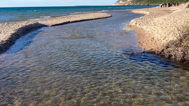 A clear beach with calm waters, a sandy shore, and a forested hill in the background.