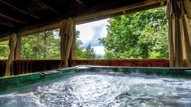 Un jacuzzi con vistas a exuberante follaje y árboles.