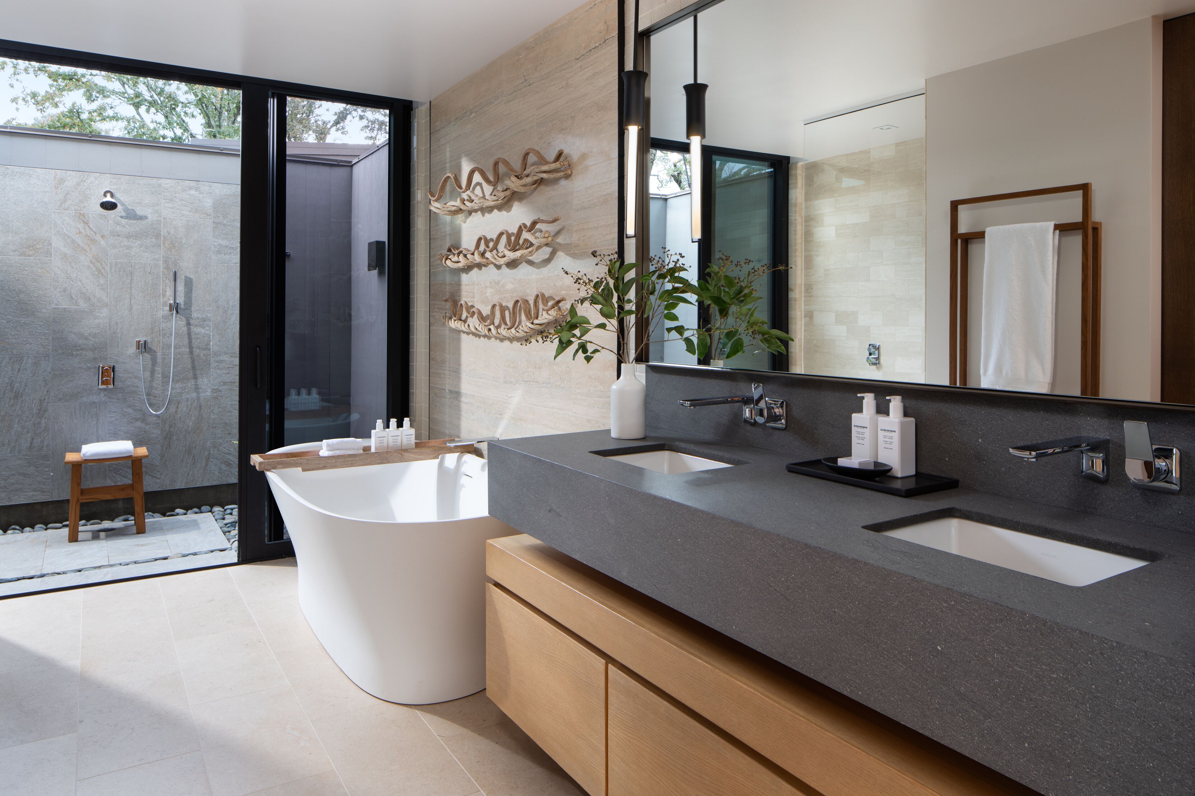 separate bathtub and shower, deep-soaking bathtub, hair dryer, bathrobes