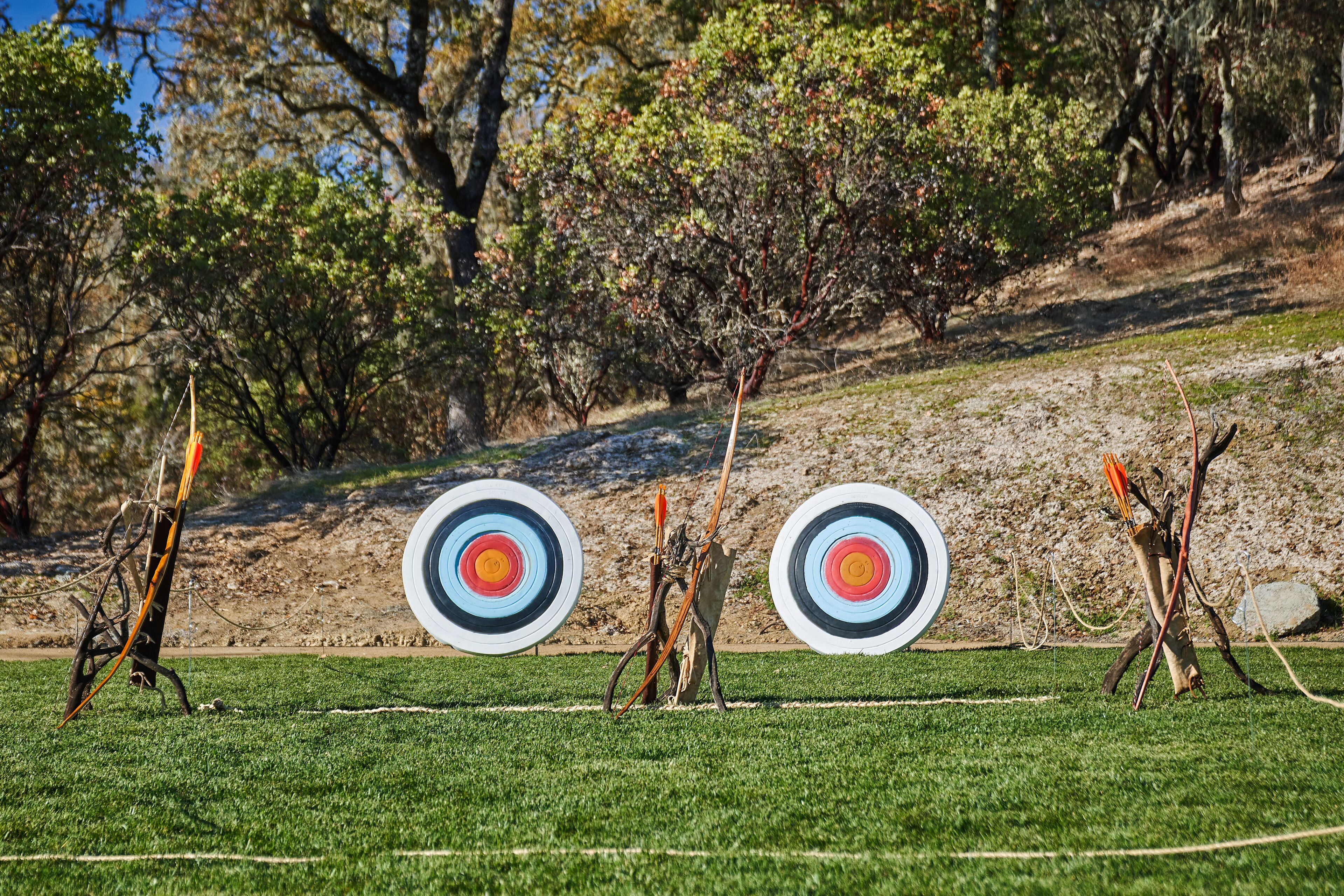 A grassy field with two archery targets and arrows.