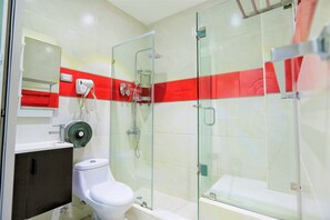 Hair dryer, towels, soap, shampoo