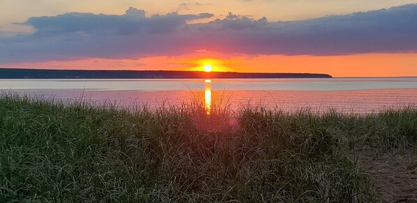 On the beach, sun-loungers