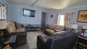 TV, DVD player, books, stereo