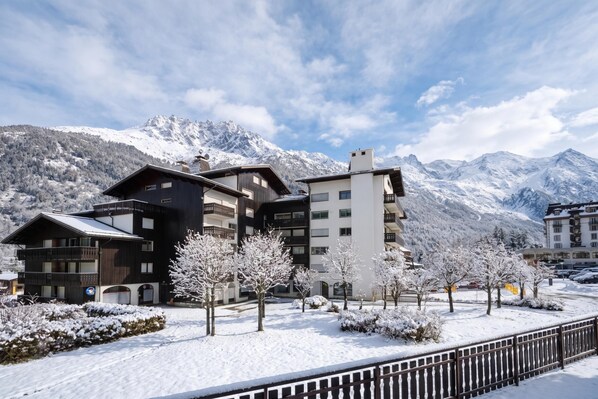 A hotel with multiple floors, snow-covered trees, and a mountain backdrop.