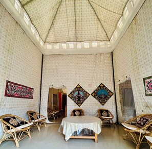 Maharaja Group Tent | Living area | 32-inch flat-screen TV with satellite channels, TV, table tennis - Tatva Bir Tents and Hotel (Baijnath)