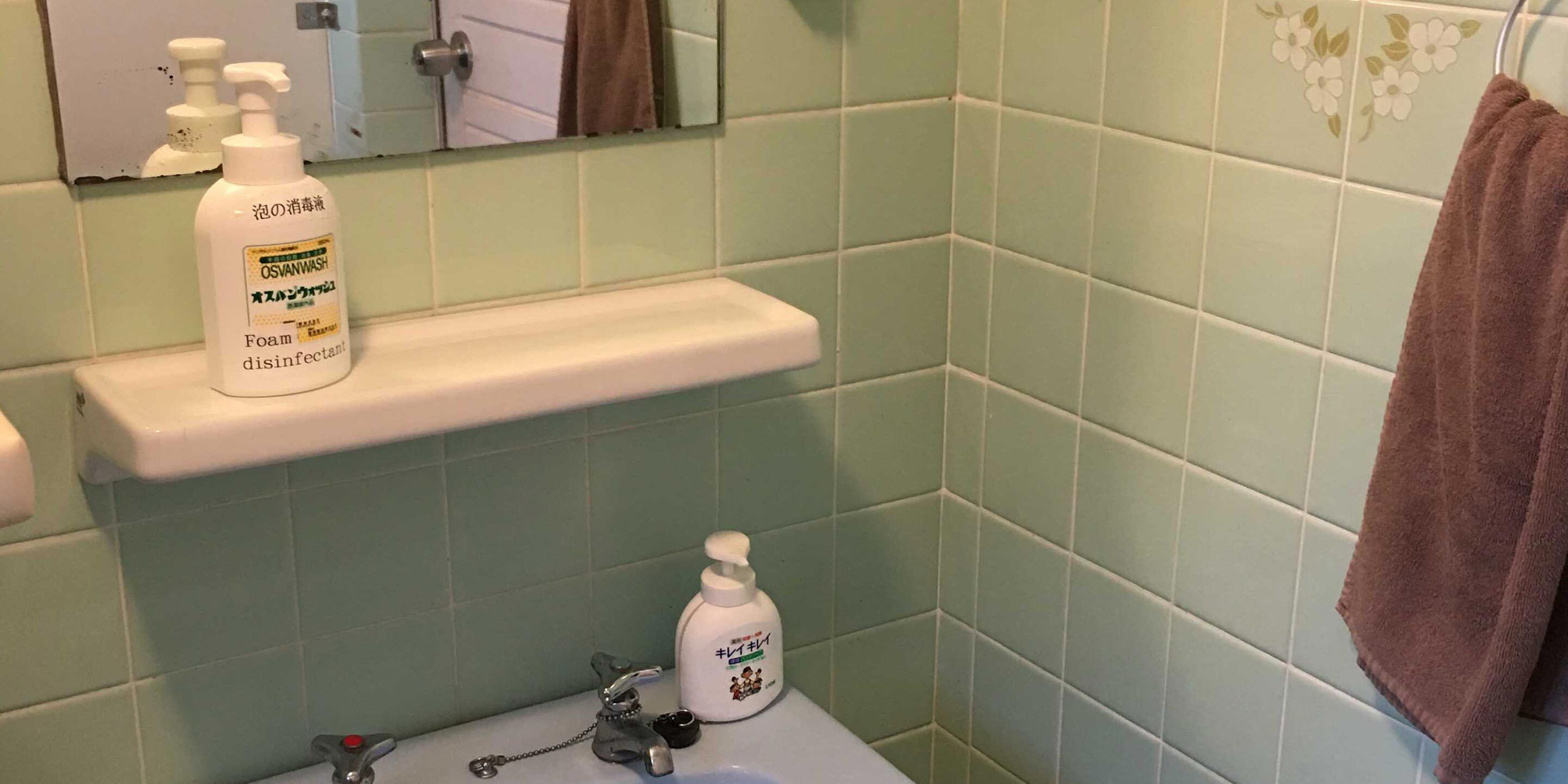 A bathroom with green tiles, a white sink, and two bottles of disinfectant on a shelf.