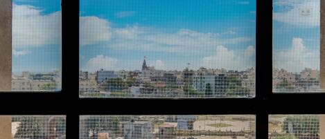 A cityscape through a window with a grid pattern.