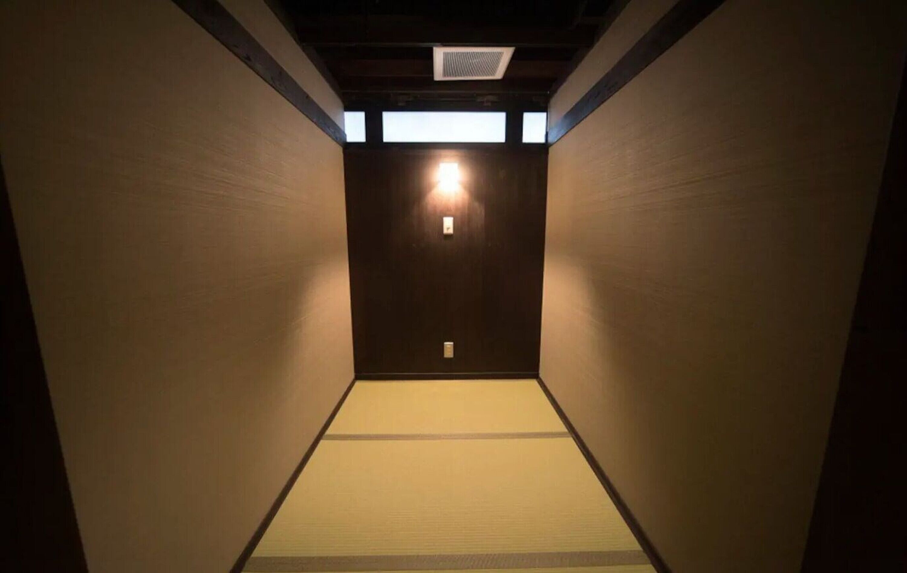 A narrow hallway with tatami mat flooring and a wooden door at the end.