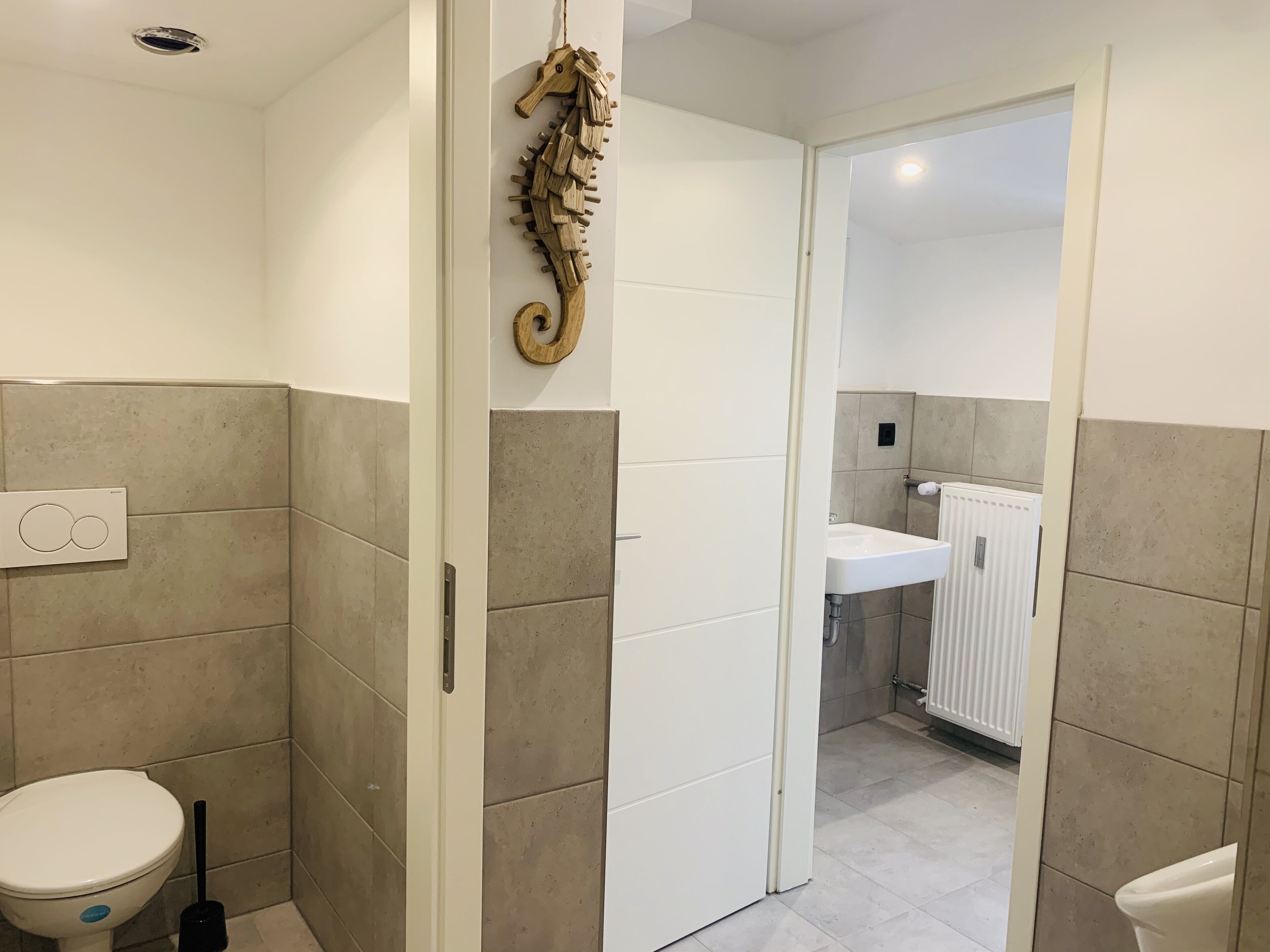 A bathroom with a toilet, a wooden seahorse decoration, and a white sink with a radiator in the background.