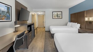 Une chambre d’hôtel avec deux lits, un bureau avec une chaise, une télévision et des œuvres d’art accrochées aux murs.
