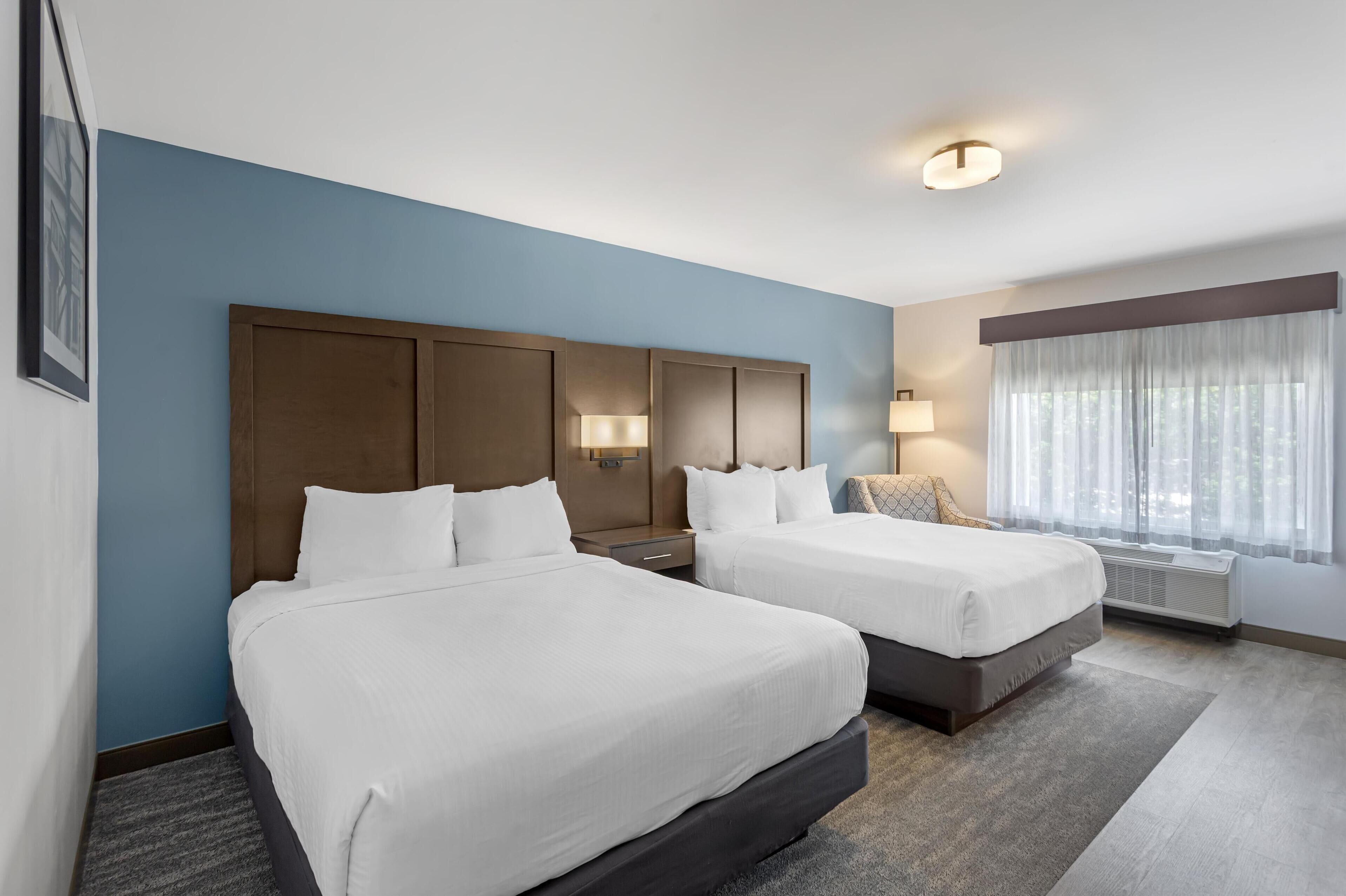 Une chambre d’hôtel avec deux lits, une grande fenêtre avec des rideaux légers, un téléviseur fixé au mur et un luminaire au plafond.