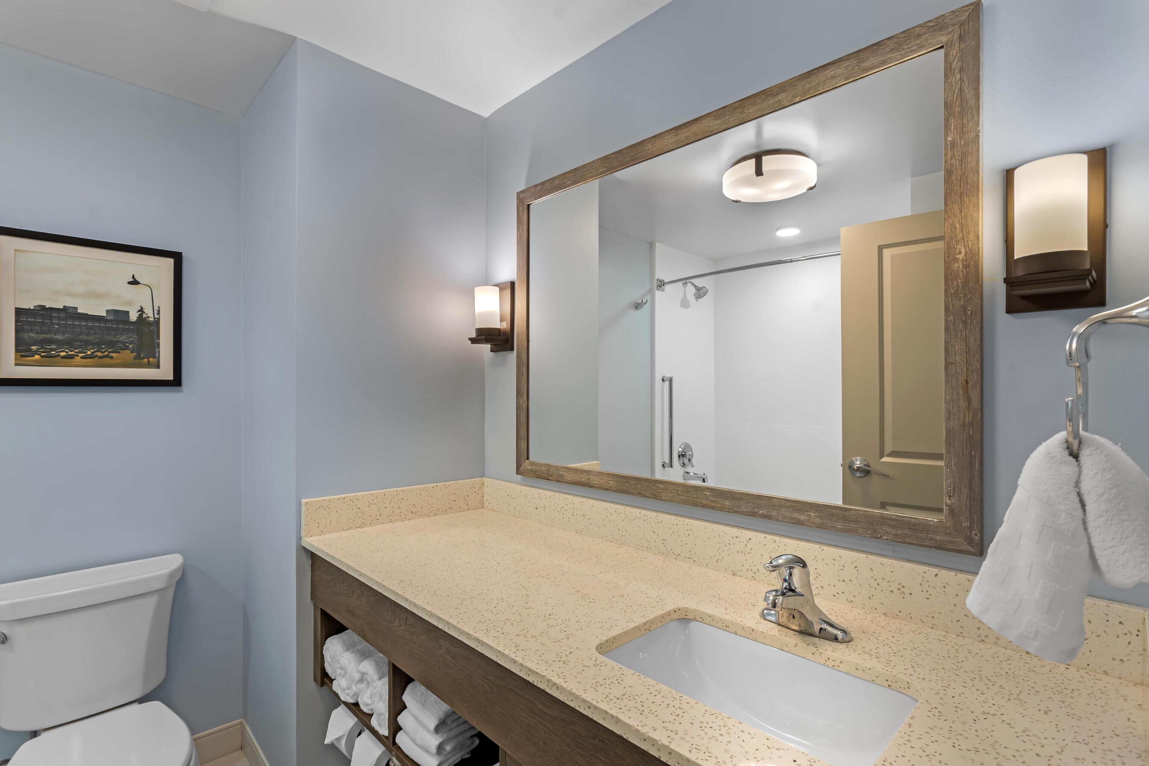 standard room, 2 queen beds, non smoking, refrigerator & microwave | bathroom | designer toiletries, hair dryer, towels, soap