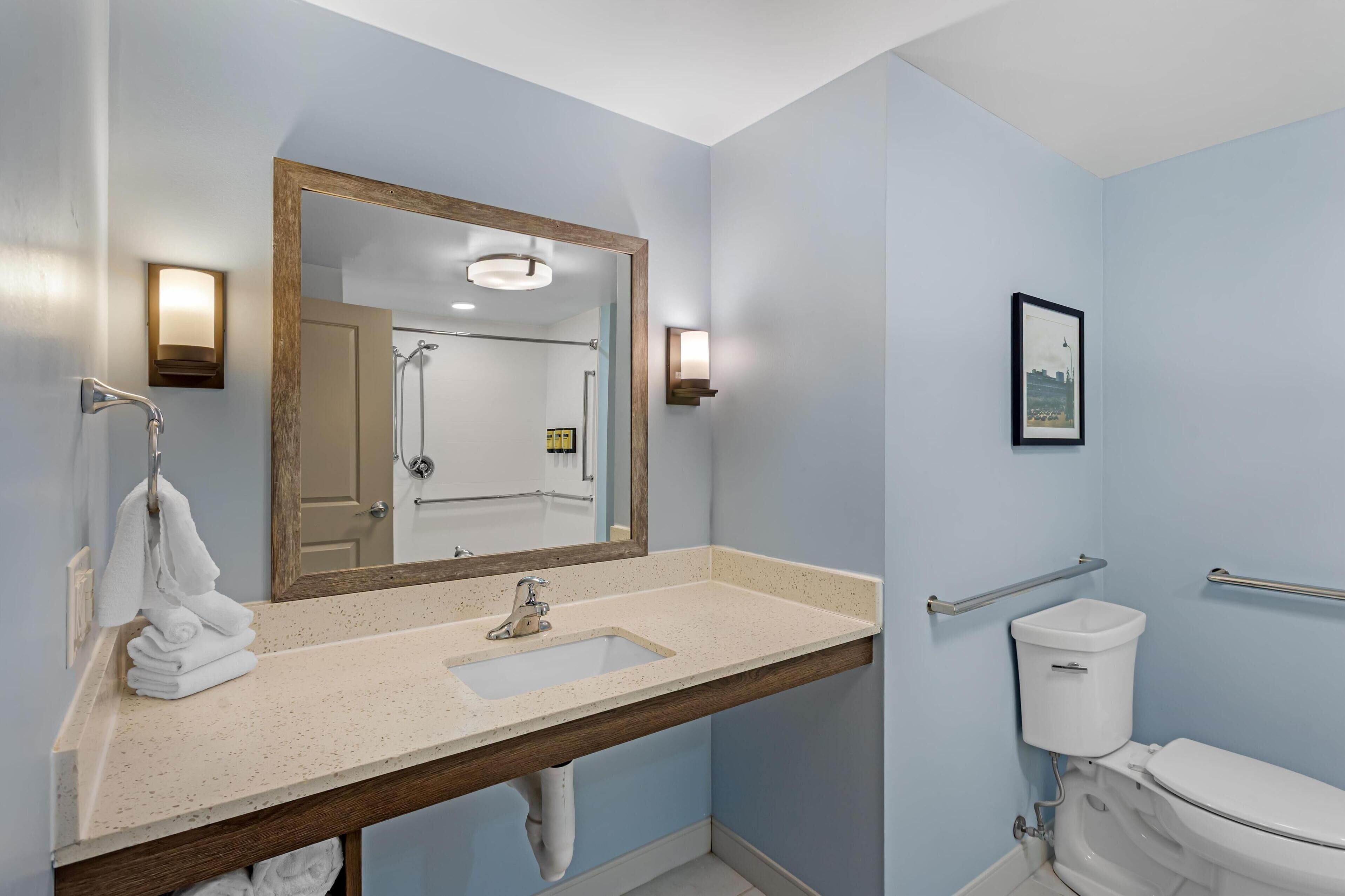 standard room, 1 king bed, accessible, refrigerator & microwave | bathroom | designer toiletries, hair dryer, towels, soap