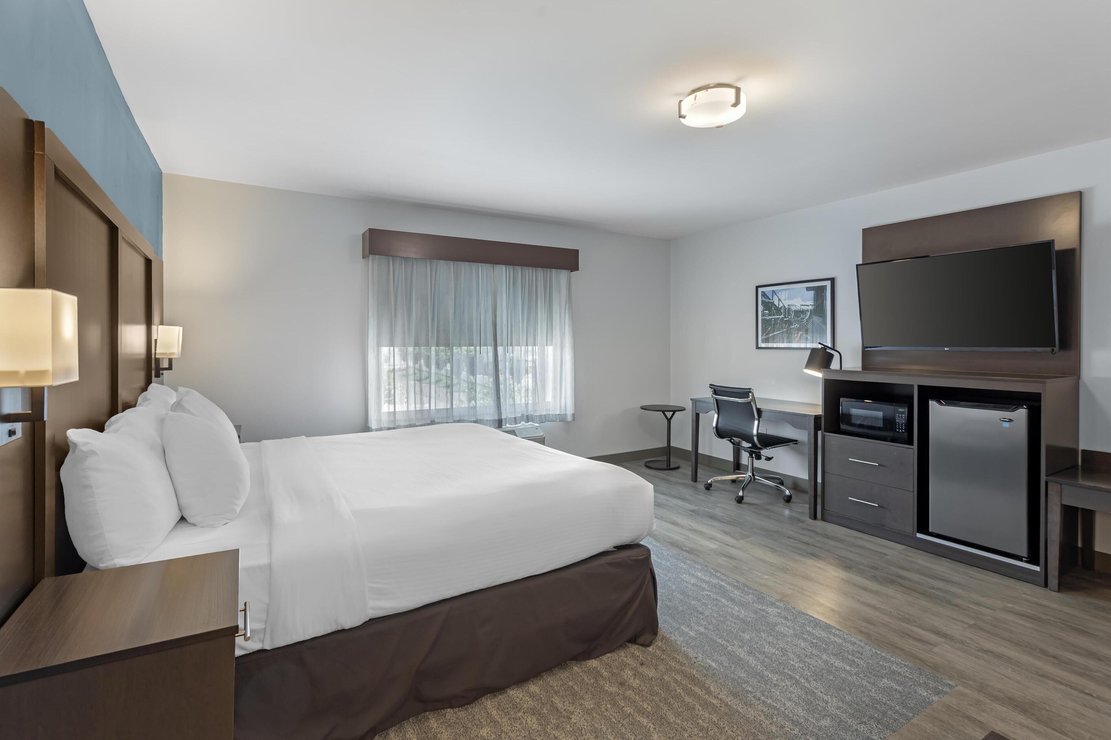 Une chambre d’hôtel avec un grand lit, un bureau avec un ordinateur, une télévision à écran plat et un mini-bar.