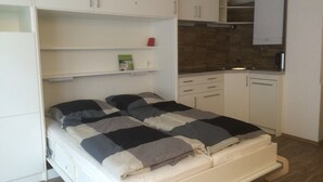 Une chambre compacte comprenant un lit, une petite kitchenette et des placards intégrés.