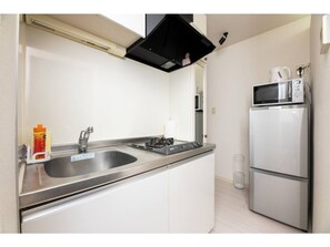 Kühlschrank, Mikrowelle, Herdplatte, Kochgeschirr/Geschirr/Besteck