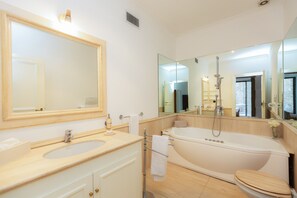 Bathtub, hair dryer, bidet, towels