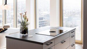 Una cocina moderna con una placa de inducción integrada, un jarrón con flores y vistas a la ciudad a través de grandes ventanales.
