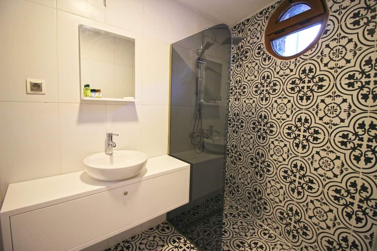 shower, hydromassage showerhead, hair dryer, towels