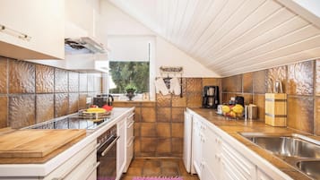 Een koelkast, een oven, een kookplaat, een vaatwasser