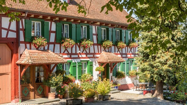 A traditional half-timbered building with multiple windows, a cobblestone courtyard, and potted plants. - Holiday Apartment "Risthof 1" with Wi-Fi, Shared Garden, Sauna & Playground (Owingen)