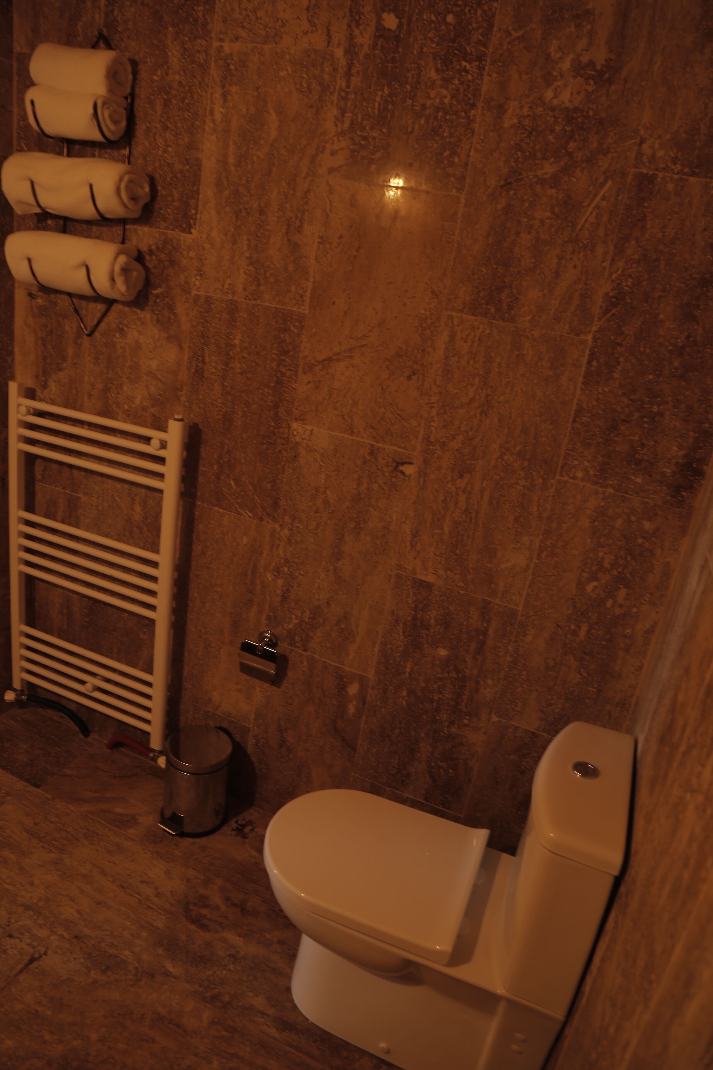 Une salle de bain comprenant des toilettes, un porte-serviettes avec des serviettes, un radiateur et une poubelle.