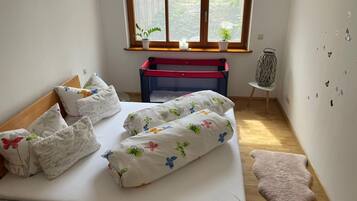 1 bedroom, desk, iron/ironing board, travel cot