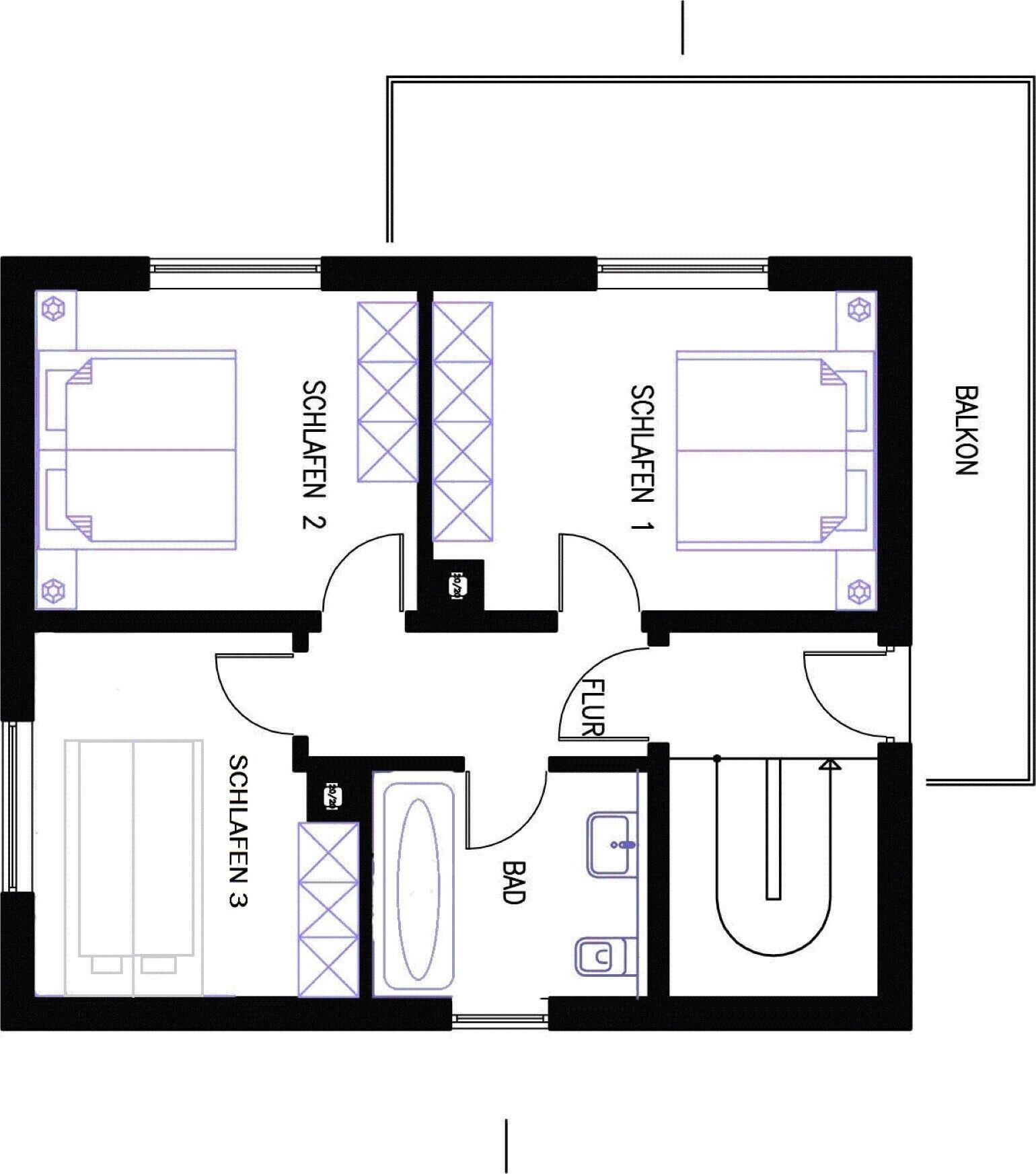 Un plan d’étage comprenant trois chambres étiquetées « CHAMBRE 1 », « CHAMBRE 2 » et « CHAMBRE 3 », une salle de bain, un balcon et un coin repas.