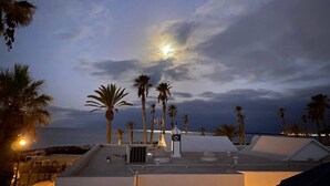 Terrassa al terrat amb palmeres, un petit porxo i vista al mar al capvespre.