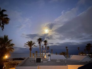 Eine Dachterrasse mit Palmen, einer kleinen Laube und Blick auf das Meer im Abenddämmerung.