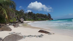 On the beach, sun-loungers