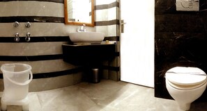 A bathroom with a white sink, a mirror, a toilet, and a trash can. - Hotel Vatika (Palampur)