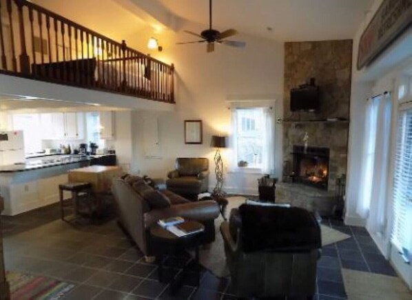 Fernseher, Kamin, Bücher, Videothek