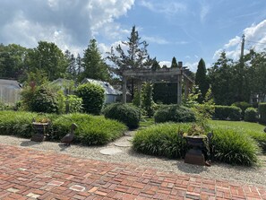 A garden with a brick pathway, a wooden pergola, and various shrubs and trees.