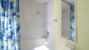 Combined shower/bathtub, hair dryer, towels, soap