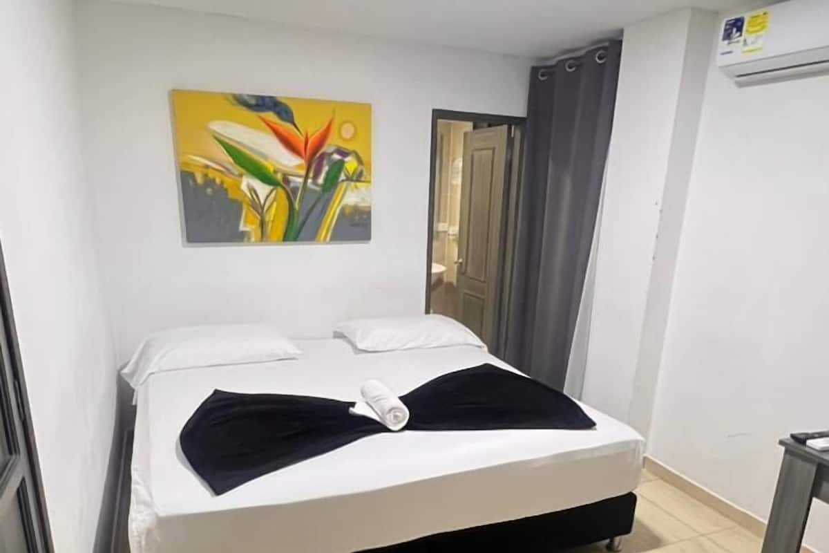 Une chambre d’hôtel avec un lit, un tableau au mur, une porte et un appareil de climatisation.