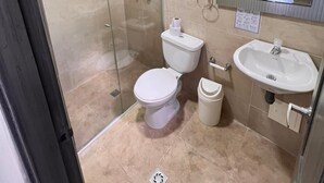 A bathroom with a glass-enclosed shower, a toilet, a sink, and a mirror. - Hotel Tayromar (Santa Marta)