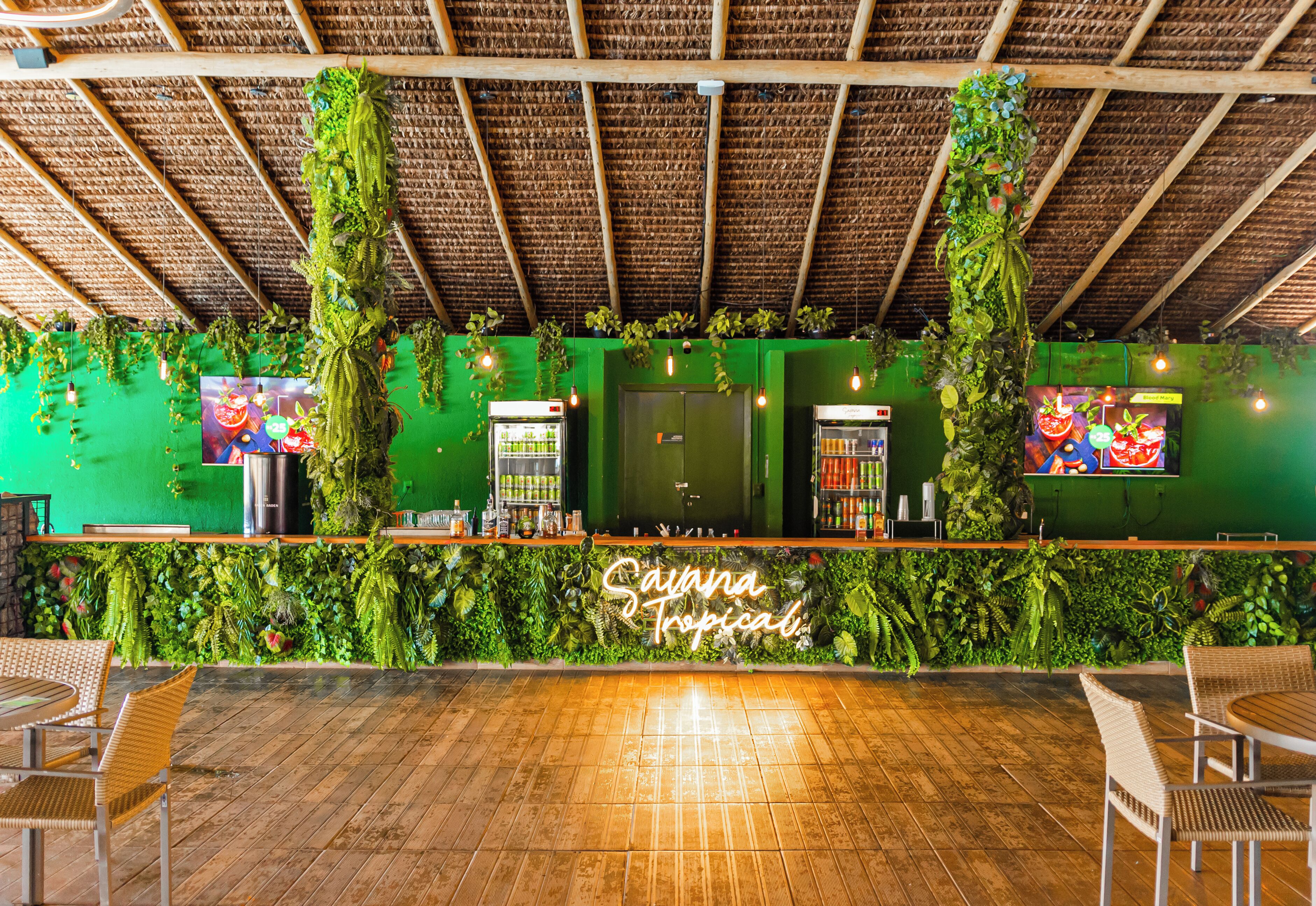 Zona de bar con pared verde, techo de madera y asientos.