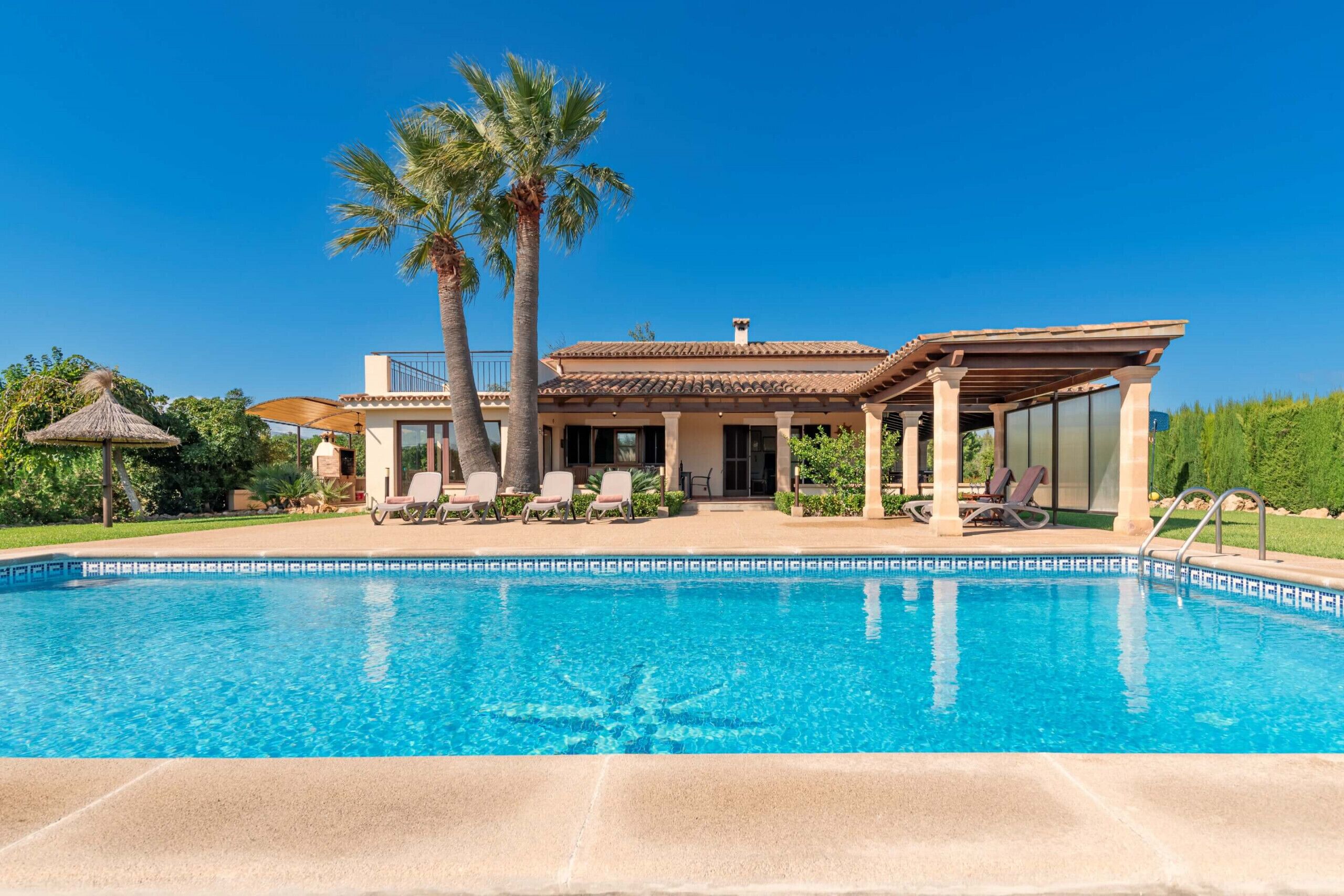 A swimming pool with lounge chairs and palm trees.