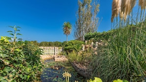 A garden with a pond, various plants, and a wooden fence. - 3 bedroom villa, with private pool and BBQ, Pollensa (Pollensa)