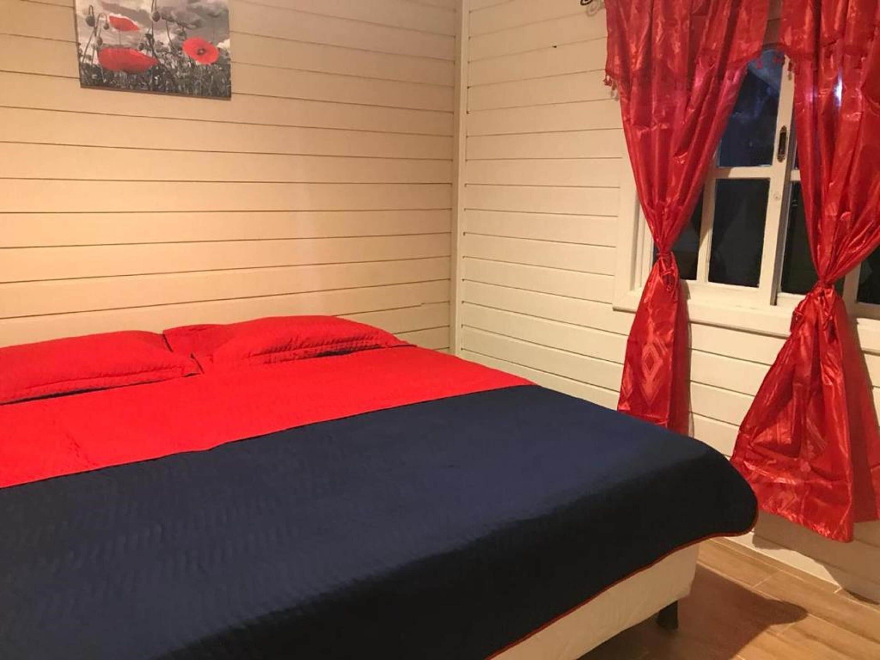 Une pièce avec un lit, une fenêtre ornée de rideaux rouges et un tableau accroché au mur.